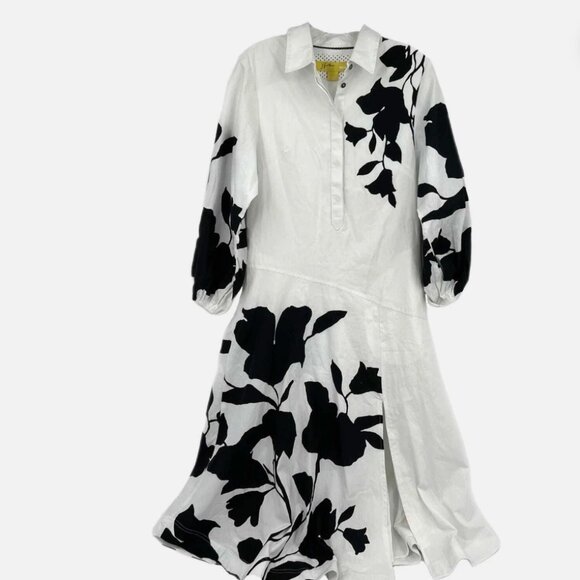 Anthropologie Jo Faulkner for Maeve White/Black Floral Collared Midi Shirt Dress - Picture 1 of 4